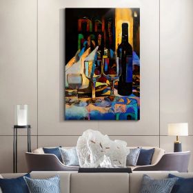 Framed Canvas Wall Art Decor Abstract Style Painting,Wine Bottle with Glasses on Bar Painting Decoration For Bar, Restrant, Kitchen, Dining Room, Offi (Color: as Pic)